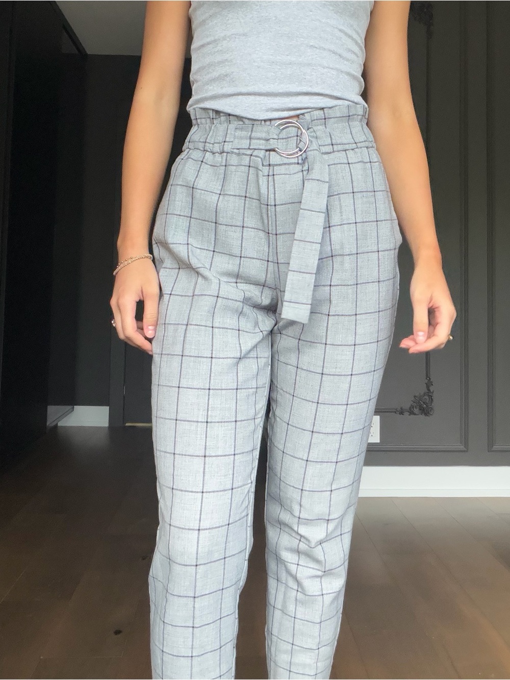 Dynamite Light Gray Plaid Paperbag Trousers with D-Ring Belt
